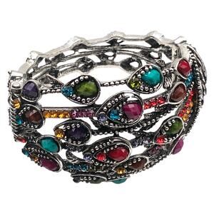 Multi-Colored Rhinestone Vintage Silver Tone Peacock Hinged Cuff Bracelet A1010J